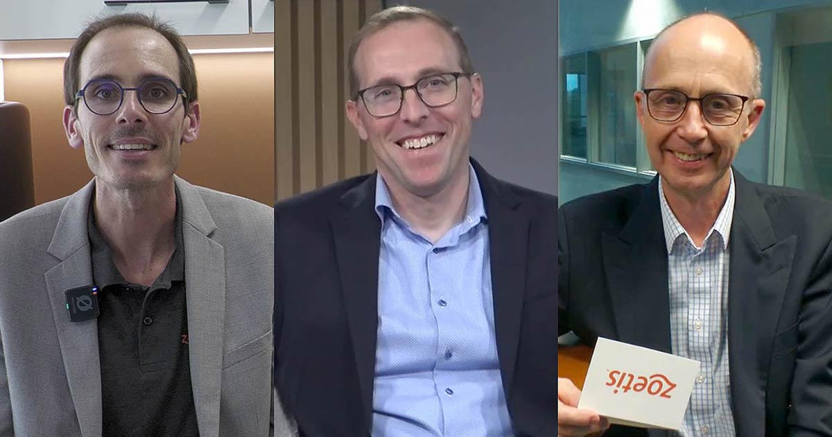 Zoetis' Dr. Antoine Fordin, Veterinarian and Companion Animal Medical Lead, Dr. Kevin Esch, Veterinarian, Veterinary Anatomic Pathologist and EVP and President of Research & Development, and Simon Sunderland, VP VMRD Global Regulatory Affairs and Pharmacovigilance