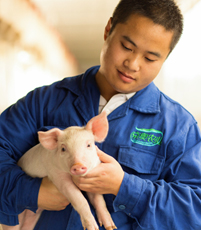 Swine producer holding piglet in China - Zoetis